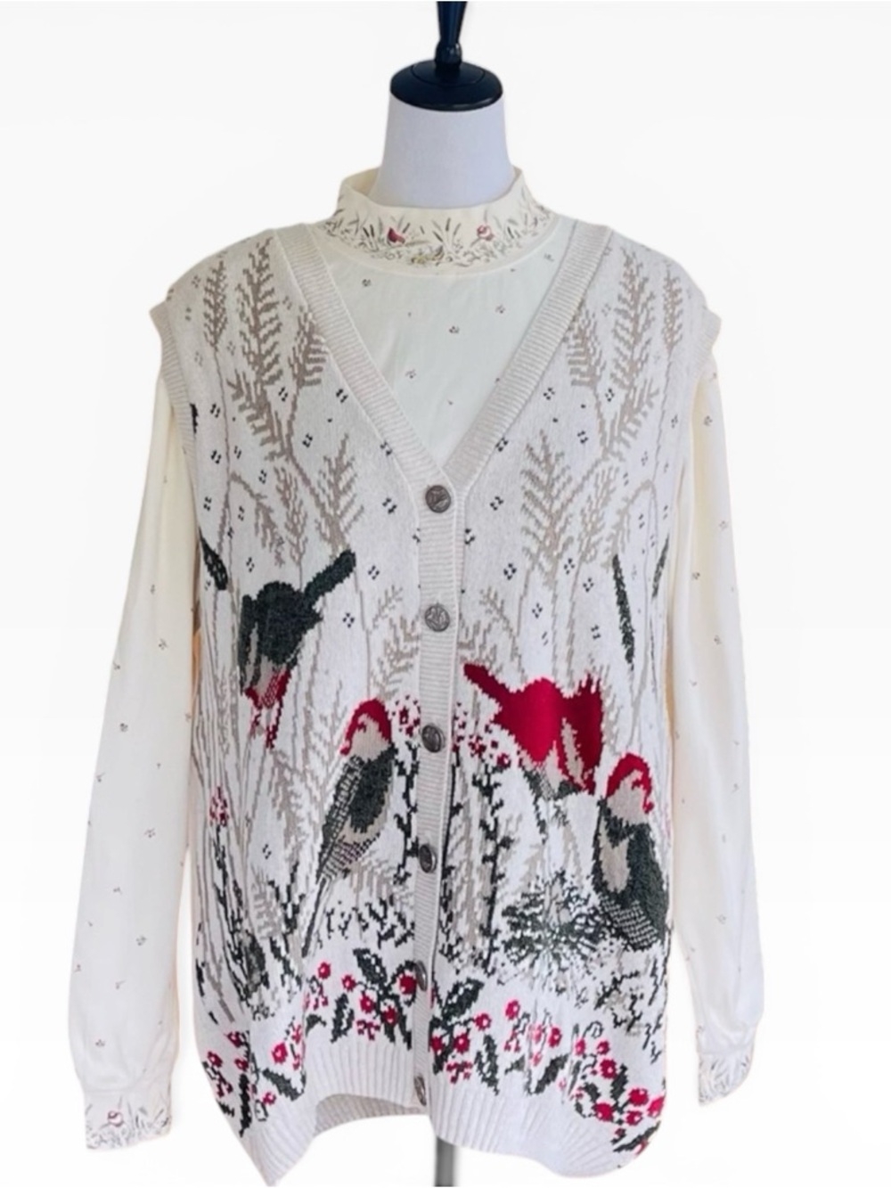 Vintage 2pc Northern Reflections Cream Knit Birds Sweater Vest & Mockneck Shirt
